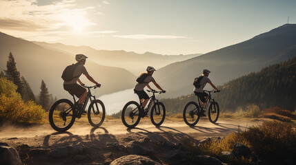 Group of Friends on Electric Bicycles Embarking on an Adventurous Ride Through the Breathtaking Scenic Beauty of the Mountains