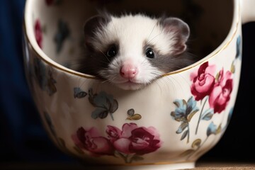 a ferret peeking out from a giant teacup, looking amused