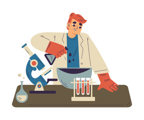 Little Boy Chemist and Scientist with Flask and Microscope in Chemistry Lab Doing Scientific Experiment Vector Illustration