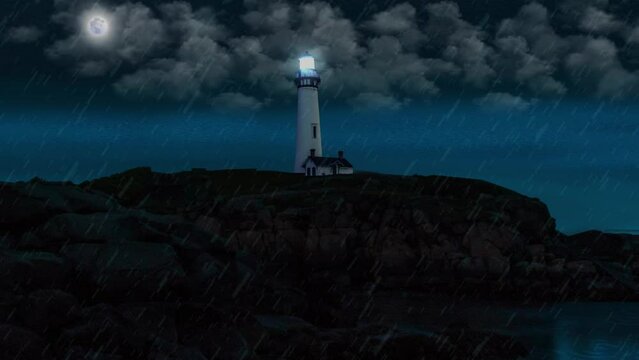 Raining on a lighthouse on the coast of the sea at night in the winter Raining landscape 4k background	