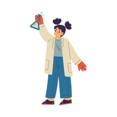 Little Girl Chemist and Scientist with Flask and in Chemistry Lab Doing Scientific Experiment Vector Illustration