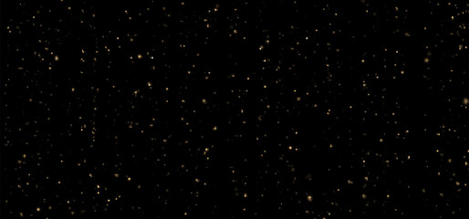 Festive vector background with gold glitter and confetti for Christmas celebration. Black background with glowing golden particles.