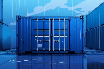 Background with illustrated blue cargo container. Generative AI