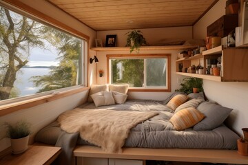 Cozy tiny house featuring a minimalist bedroom design. Generative AI