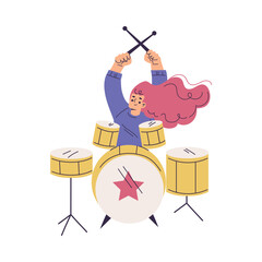 Little Girl in Rock Band Playing Drum Musical Instrument Vector Illustration