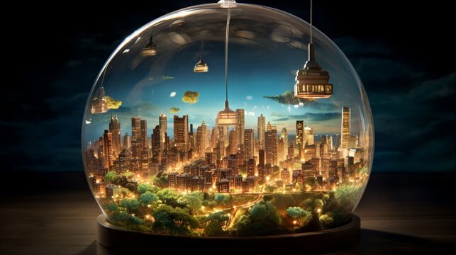 An enchanting picture of a glass globe suspended above a cityscape filled with energy-efficient LED lights, depicting the future of eco-friendly urban lighting