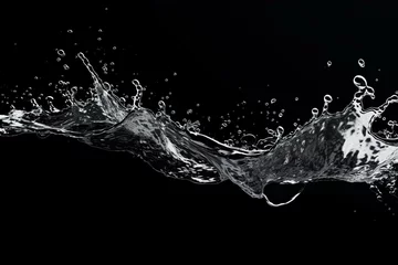 Foto op Plexiglas A transparent black splash overlay with dynamic water movement and droplets. Generative AI © Steven