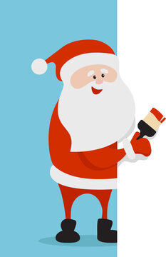 Cartoon fun happy Santa Claus draw with a brush and paint Merry Christmas lettering.