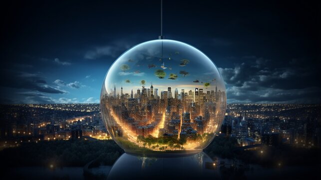 an enchanting picture of a glass globe suspended above a cityscape filled with energy-efficient LED lights, depicting the future of eco-friendly urban lighting