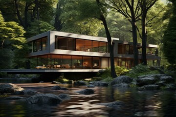 Fototapeta na wymiar Beautiful residence surrounded by trees near the river. Generative AI
