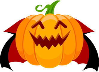 Funny cute cartoon pumpkin character with Dracula's Cloak. Trick or treat, happy Halloween concept. Design for banner, poster, greeting card. Illustration.