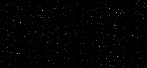 Festive vector background with gold glitter and confetti for Christmas celebration. Black background with glowing golden particles.