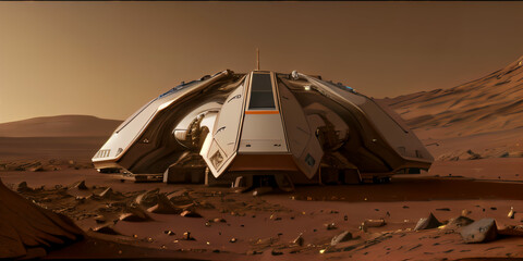 Futuristic scifi spaceship on mars like planet. Extremely detailed and realsitic science fiction concept design