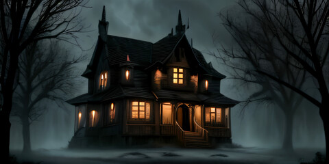 Fototapeta na wymiar Haunted House in spooky forest. Extremely detailed and realistic high reslution concept illustration