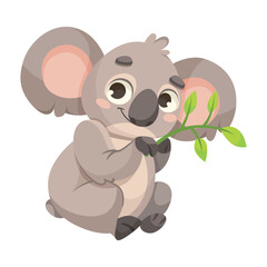 Obraz na płótnie Canvas Cute Koala Character with Large Ears and Nose Sitting with Eucalyptus Leaf Vector Illustration