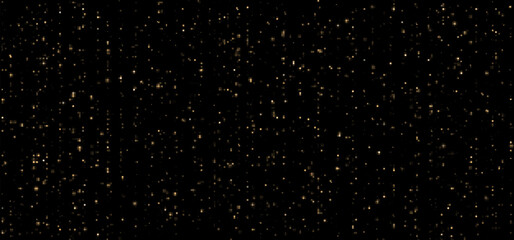 Festive vector background with gold glitter and confetti for Christmas celebration. Black background with glowing golden particles.