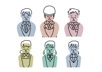 申し訳なさそうにお辞儀をする働く人々のイラストセット（上半身）
