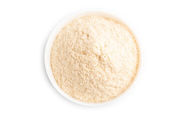 Powdered milk and buckwheat baby food mix isolated on white, top view