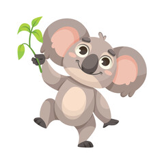 Cute Koala Character with Large Ears and Nose Walking with Eucalyptus Leaf Vector Illustration