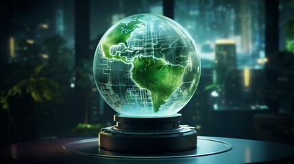 a breathtaking scene featuring a glass globe with a holographic display of sustainable energy statistics, emphasizing the global impact of green technology adoption