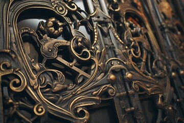 Detailed view of ornate metal gates made using forging techniques. Generative AI