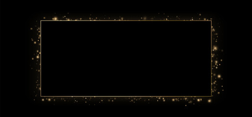 Festive vector frame with gold glitter and confetti for Christmas celebration. Black background with glowing golden particles.