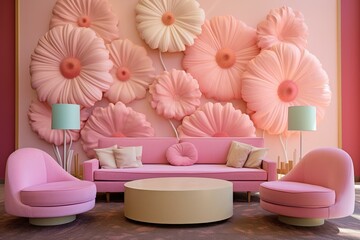 Contemporary lounge adorned with oversized squishy gerbera flowers on walls, featuring gentle hues. Generative AI