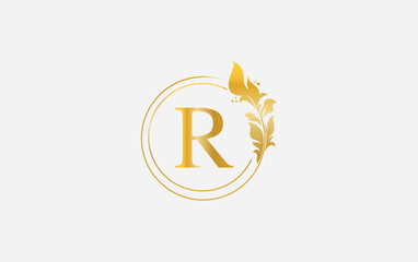 Golden leaf logo and golden circle monogram design vector. Golden beauty and business symbol