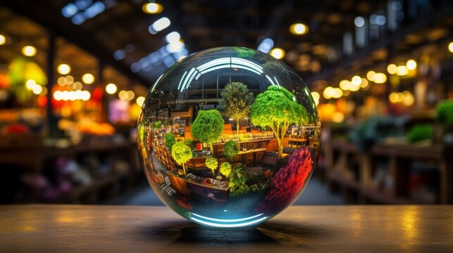 a mesmerizing photograph of a glass globe reflecting the vibrant colors of a bustling farmer's market, highlighting the connection between sustainable agriculture and green energy