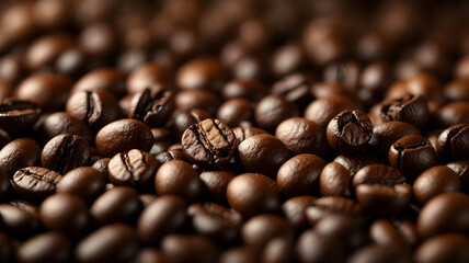 A macro shot of coffee beans focused on showcasing their characteristic texture. Precise depth of field keeps the beans in focus while blurring the background. 