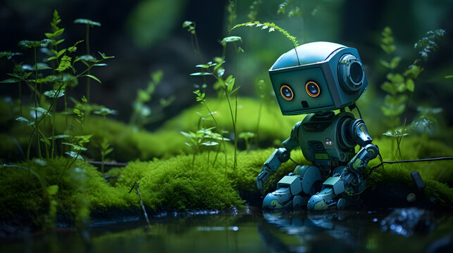 Cute little robot in the forest.