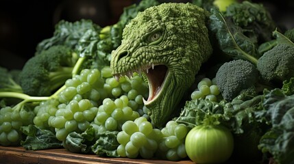A green monster peeks out from green vegetables