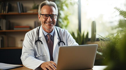 a happy doctor in a white coat is working on his laptop PC.