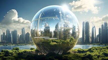  a scene featuring a glass globe integrated into a futuristic eco-metropolis, with transparent solar panels covering skyscrapers, illustrating urban sustainability
