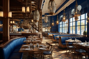 Interior of a seafood restaurant with a nautical theme. Generative AI