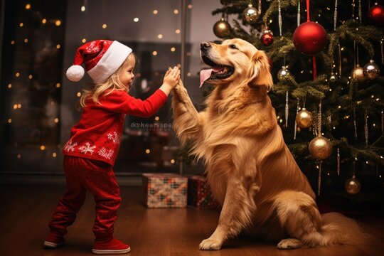 little girl in santa hat playing with dog celebrating christmas and new year near christmas tree