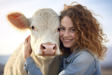 concept of animal protection, vegetarianism, refusal of meat, veganism. World Vegetarian Day. happy girl hugging a cow