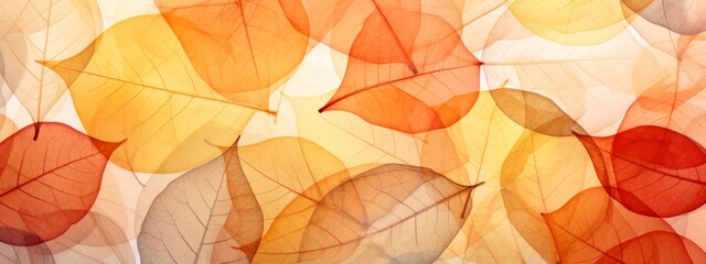Abstract translucent layered fallen autumnal leaves, macro nature, autumn fall illustration background banner texture pattern
