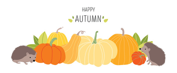 Hello autumn. Cute hedgehogs with many different pumpkins and leaves. Horizontal autumn banner in flat stile. Adorable hedgehog with fall orange vegetables. Vector illustration © Helen
