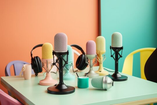 Colorful podcast setup with microphones on table. Generative AI