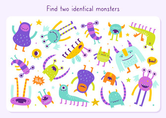 Mini game with cute monsters for kids. Search for identical creatures. Funny vector game for babies.