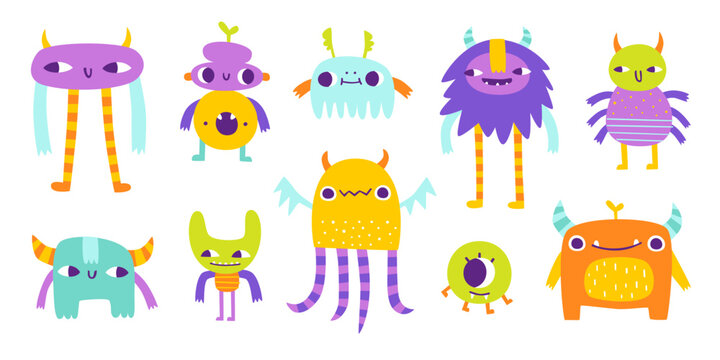 Set of weird colorful monsters. Vector collection of strange friendly beasts for kids. Bright doodle monsters bundle.