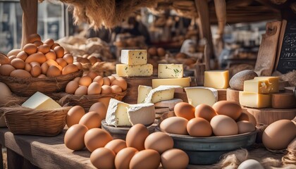 market stall with cheese, butter and eggs on a rural market