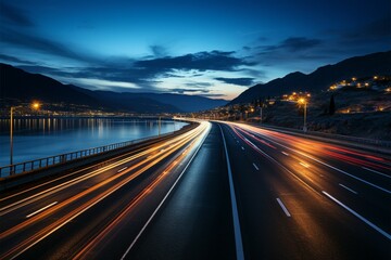 Highway travel continues after dark, with vehicles in motion