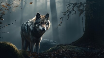 Mysterious Wolf Roams Foggy Forest, A Glimpse of Untamed Enigma
