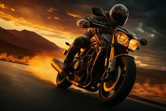 Highway journey Motorcyclist races toward the sunrise with open road © abdulmoizjaangda