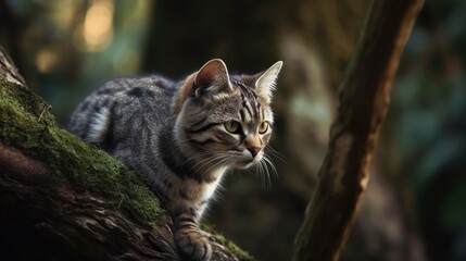 Playful American Shorthair Cat Ascends Tree, A Glimpse of Feline Adventure