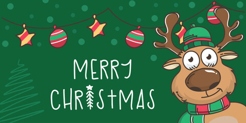 Merry Christmas and Happy New Year greeting card with cute cartoon reindeer.