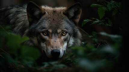 Fototapeta premium Stealthy Wolf Moves Through Underbrush, A Glimpse of Untamed Strategy