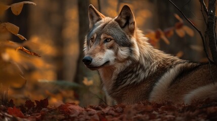 Fototapeta premium Vibrant Wolf Roams Colorful Autumn Forest, A Glimpse of Seasonal Majesty